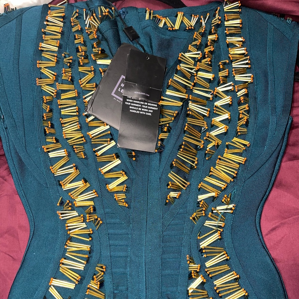 Herve Leger bodycon dress color slate teal combo